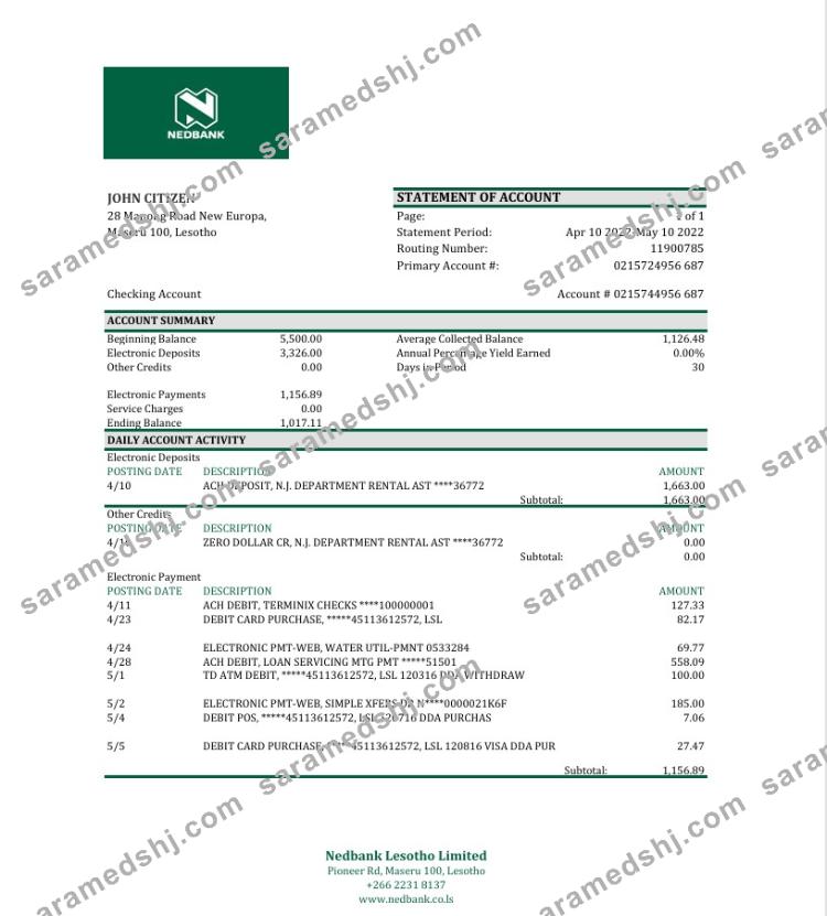 Lesotho Nedbaank bank statement Excel and PDF template